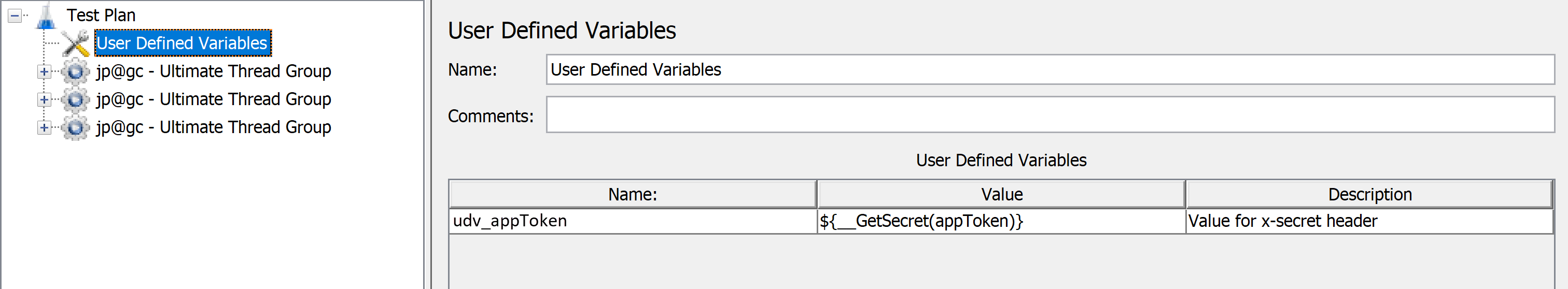 Skärmbild som visar hur du lägger till användardefinierade variabler i Apache JMeter-skriptet.
