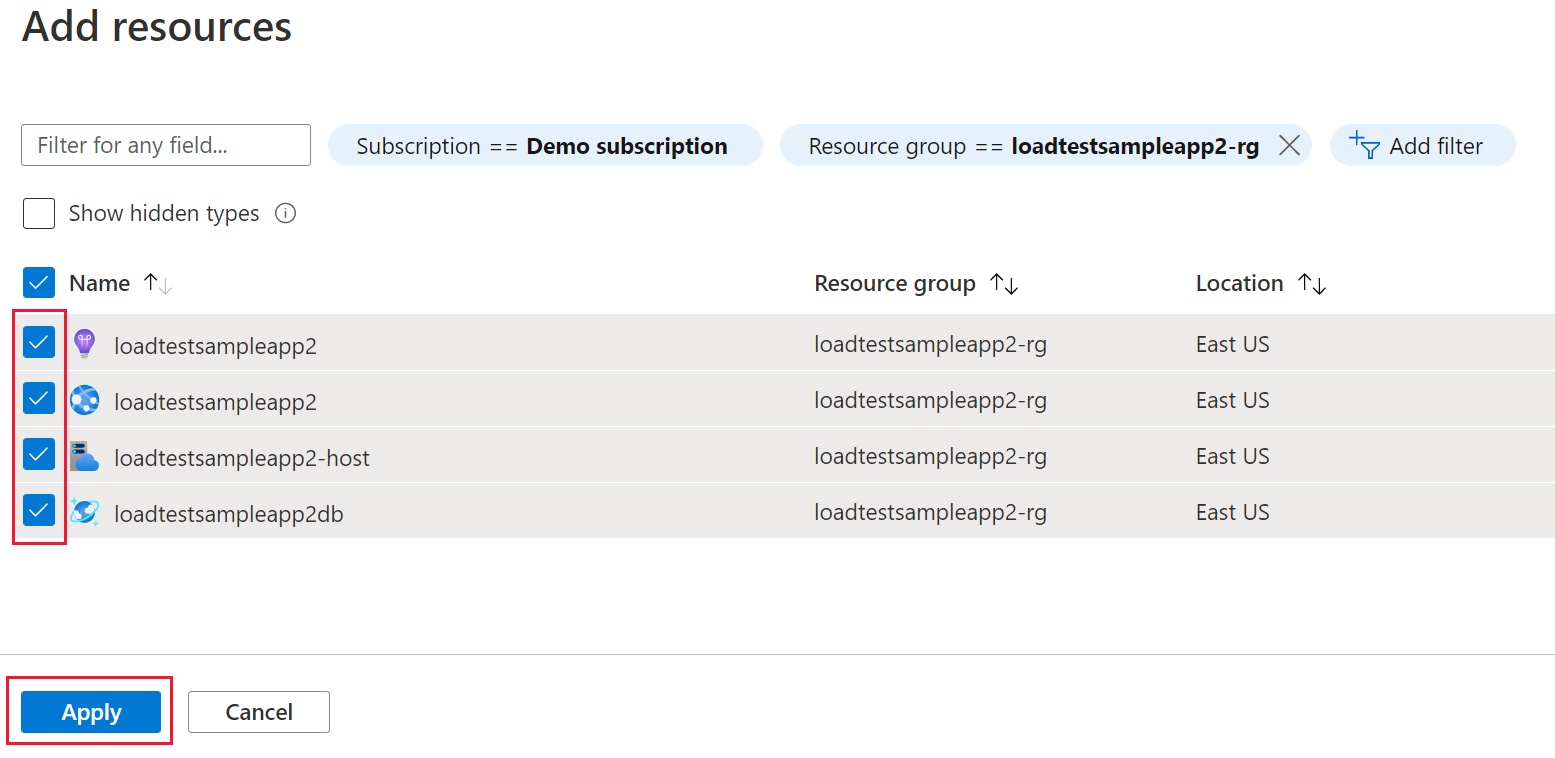 Skärmbild som visar hur du lägger till Azure-resurser som ska övervakas under belastningstestet.