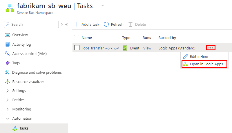 Skärmbild som visar den öppnade snabbmenyn och det valda alternativet Öppna i Logic Apps.