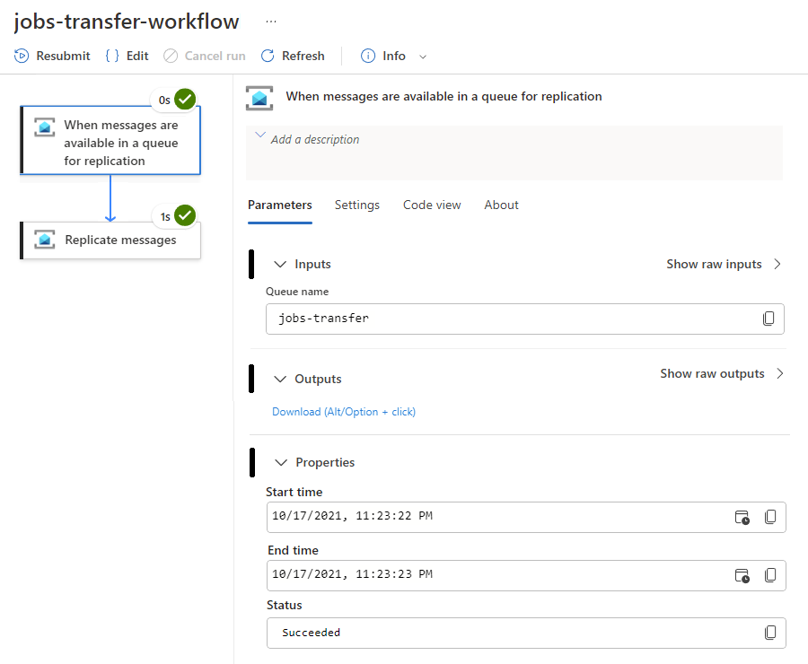 Skärmbilden visar utlösarens indata, utdata och egenskaper.