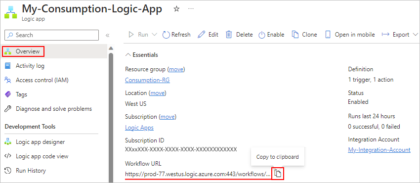 Screenshot shows Consumption logic app Overview page with workflow URL.