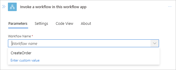 Screenshot shows Standard workflow, action named Invoke a workflow in this workflow app, opened Workflow Name list, and available workflows to call.