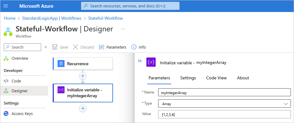 Skärmbild som visar Azure Portal och designern med ett standardarbetsflödesexempel för åtgärden 