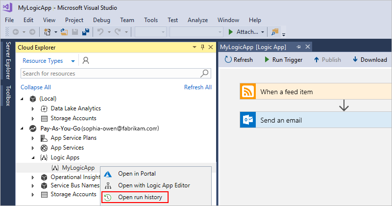 Open run history for your logic app