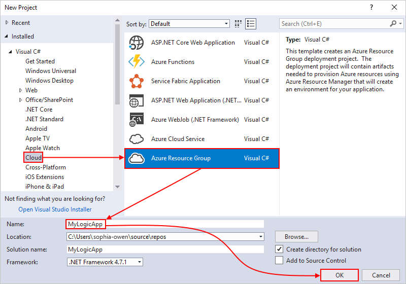 Screenshot shows how to create Azure Resource Group project.