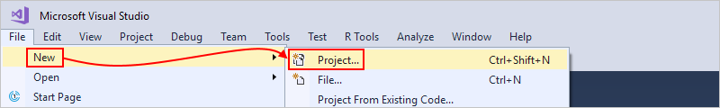 Screenshot shows Visual Studio, File menu with selected options for New, Project.