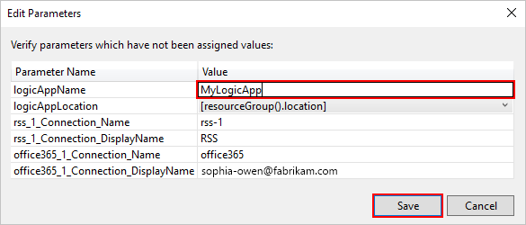 Screenshot shows Edit Parameters box with resource name for logic app.