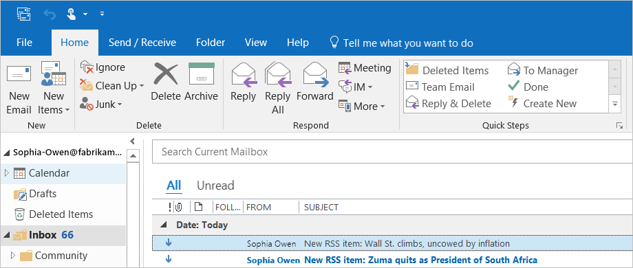 Screenshot shows example Outlook email sent for each new RSS item