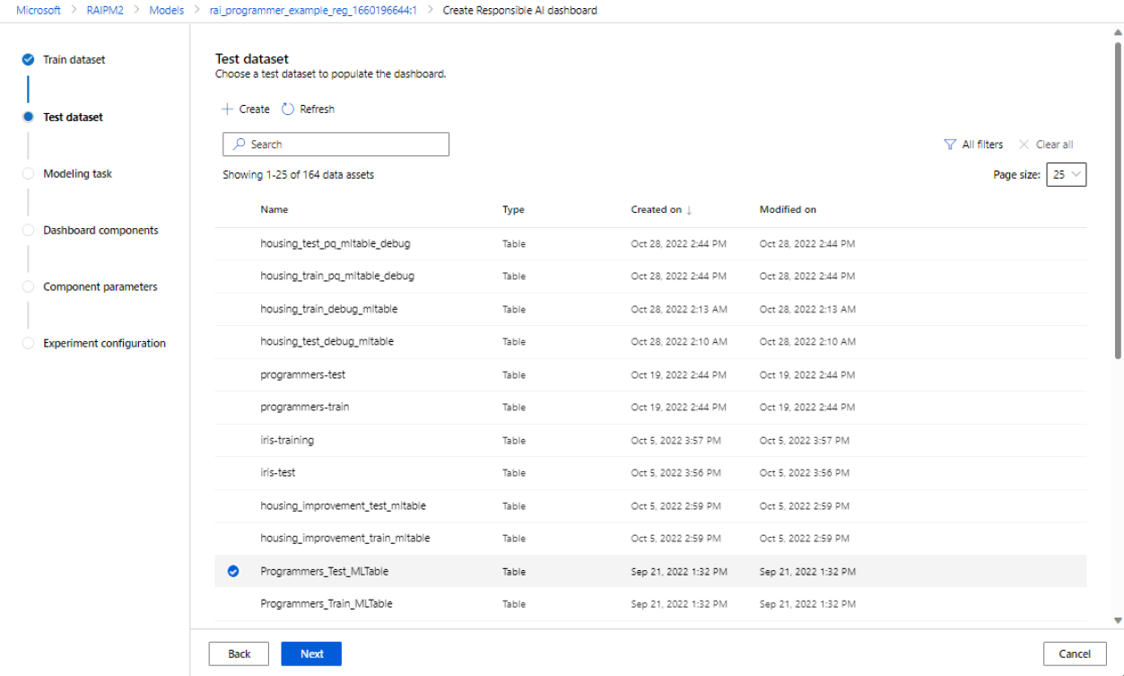 Skärmbild av fliken testdatauppsättning.