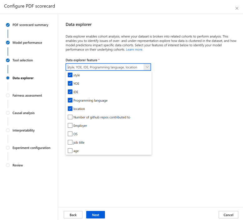 Skärmbild av guiden för konfiguration av styrkortsdataanalys.