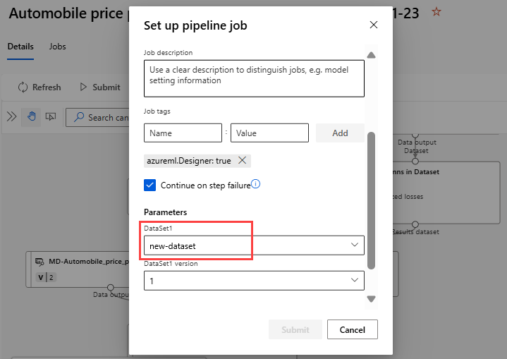 Skärmbild av konfigurerat pipelinejobb med parametrar markerade.