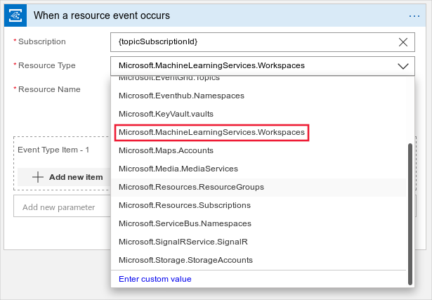 Skärmbild som visar dialogrutan När en resurshändelse inträffar med maskininlärning vald som resurstyp.