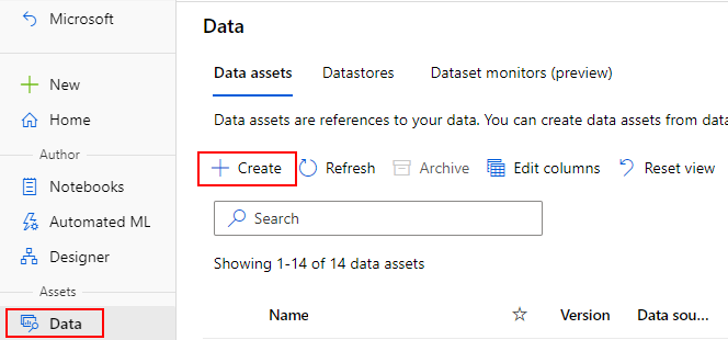 Skärmbild som markerar Skapa på fliken Datatillgångar.