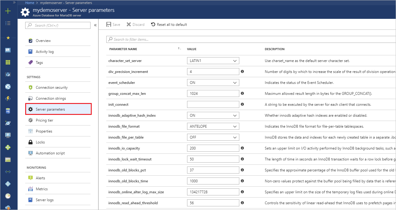 Azure portal server parameters page