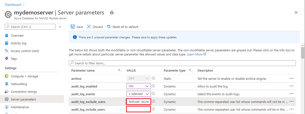 Skärmbild som visar de MySQL-användarnamn som ska inkluderas eller undantas från loggning.