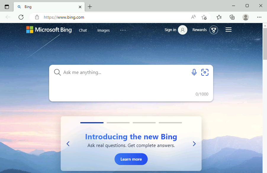 Skärmbild som visar Bing-sidan i en webbläsare.