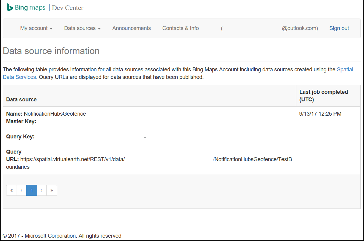 Skärmbild av Bing-kartor Dev Center på informationssidan för datakällan.