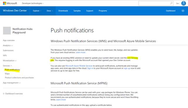 Skärmbild av Windows Dev Center som visar sidan Push-meddelanden med Live Services-webbplatsen markerad.