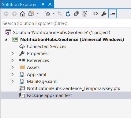 Skärmbild av Solution Explorer med package.appxmanifest-filen markerad.