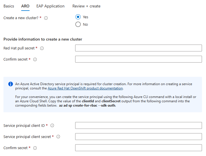 Skärmbild av Azure-portalen som visar JBoss EAP i Azure Red Hat OpenShift ARO-fönstret.