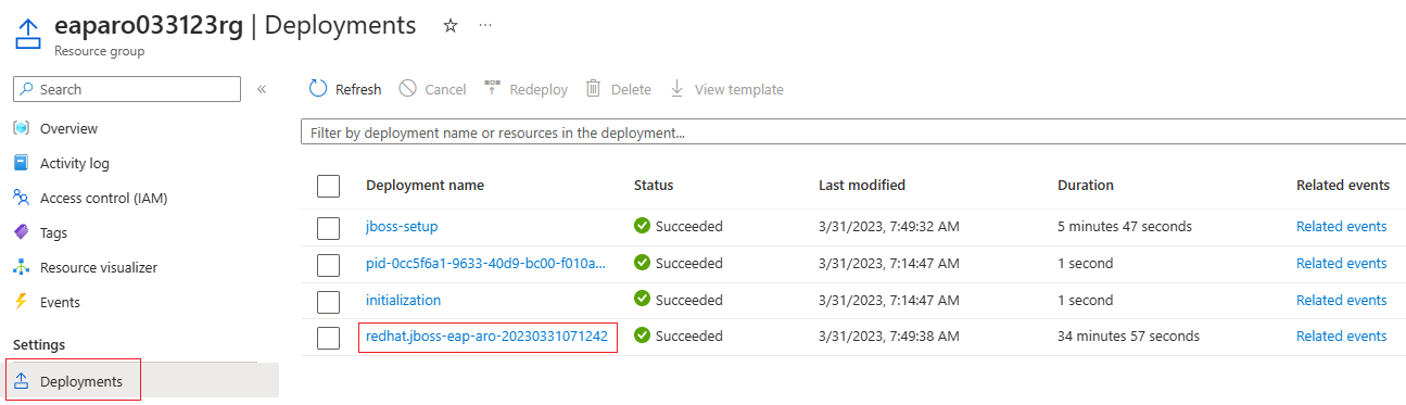 Skärmbild av Azure-portalen som visar JBoss EAP på Azure Red Hat OpenShift-distributioner med den äldsta distributionen markerad.