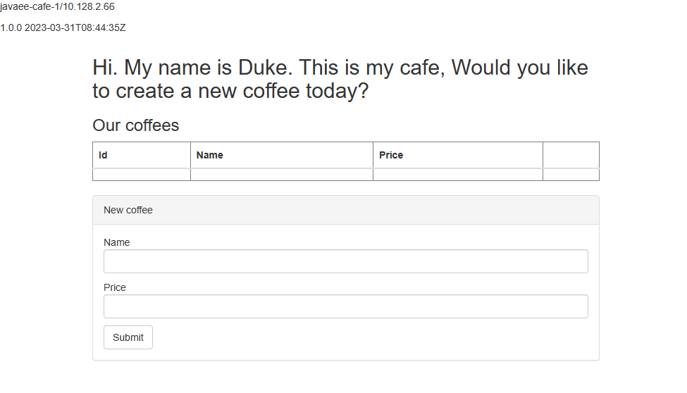 Skärmbild av användargränssnittet för Java EE Cafe-appen.
