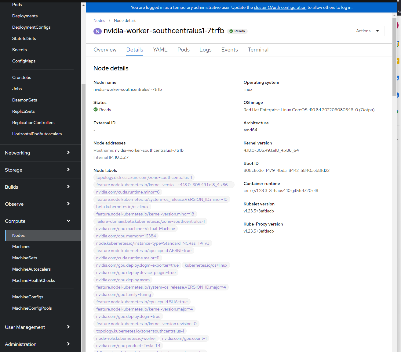 Skärmbild av GPU-etiketter i OpenShift-konsolen.