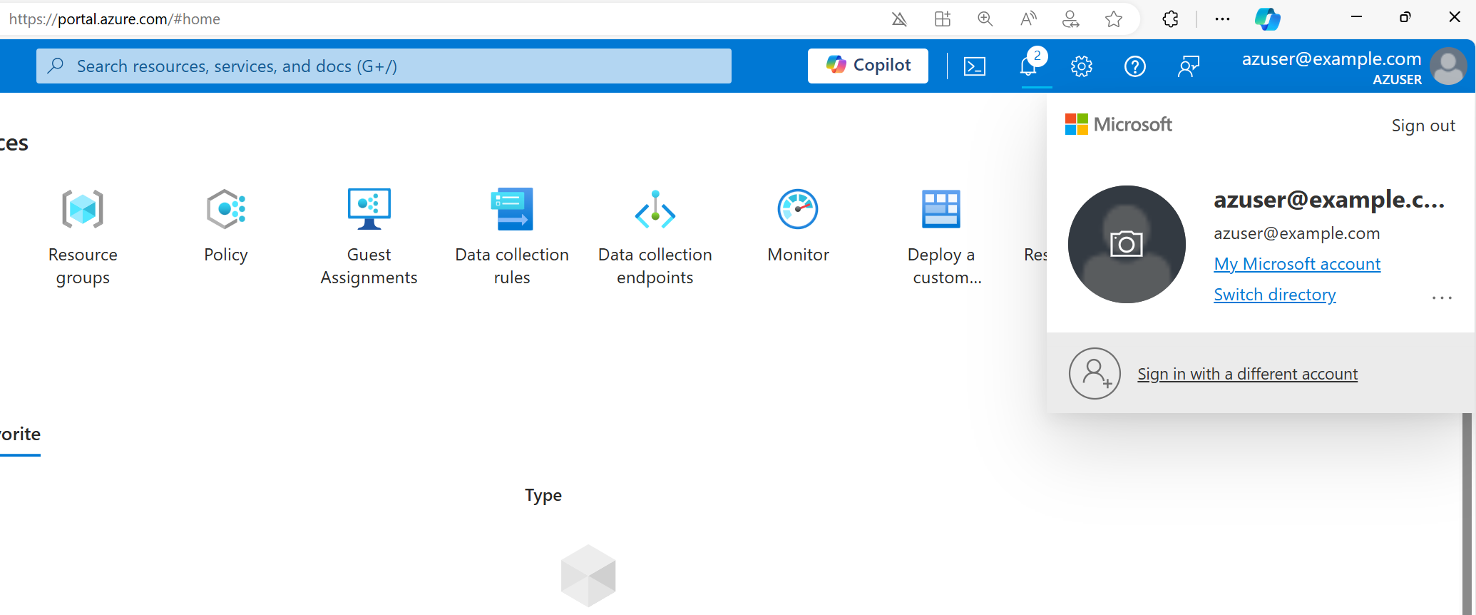 Skärmdump som visar kontoinformation i Azure Portal