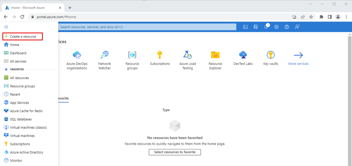 Skärmbild som visar Azure Portal-menyn för att skapa en ny resurs.