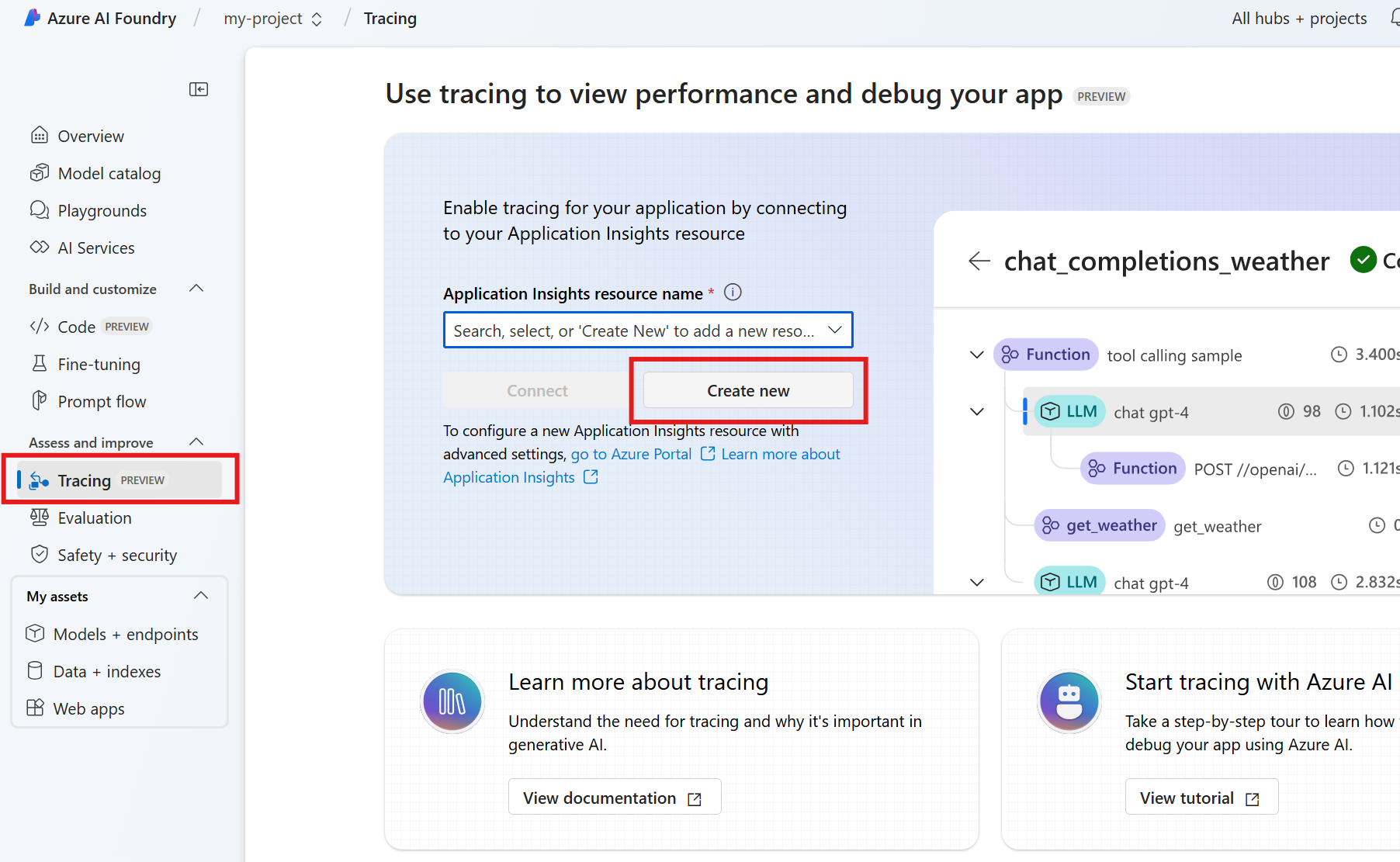 Skärmbild som visar området för att välja en Application Insights-resurs och aktivera spårning.