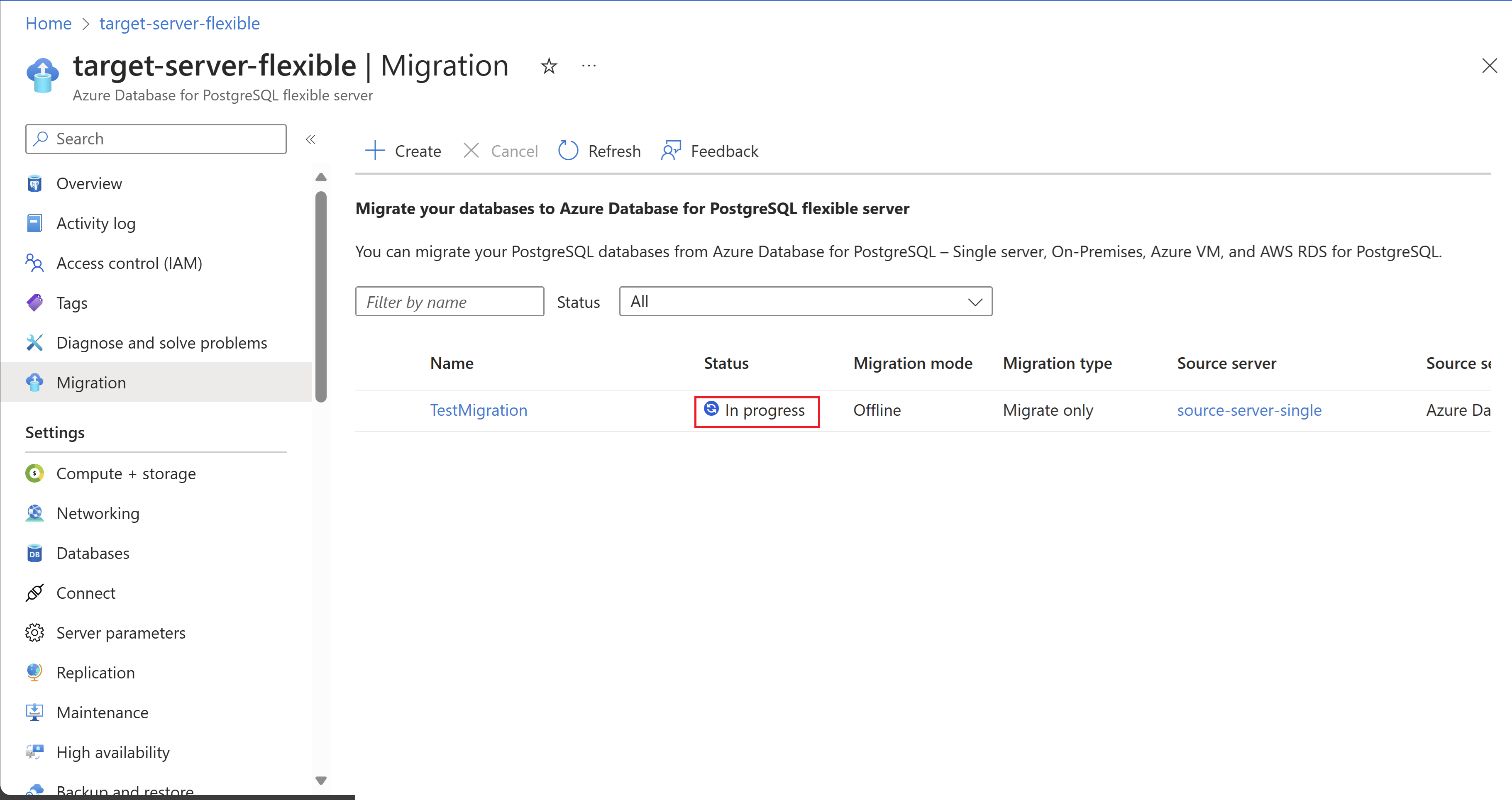 Skärmbild av nyligen skapad migreringsinformation.