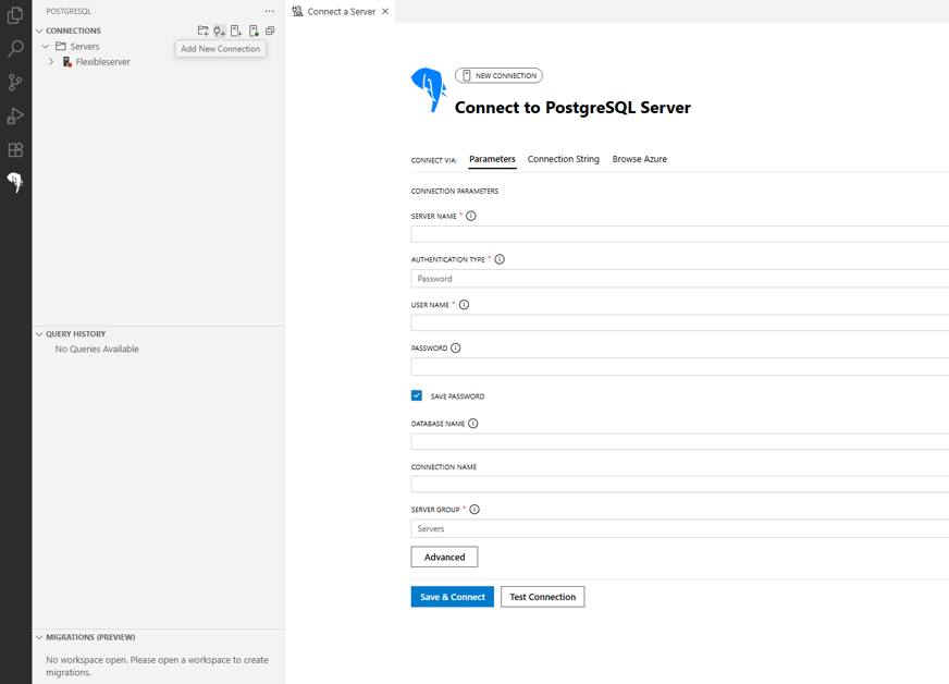 Skärmbild av att lägga till en ny PostgreSQL-anslutning.