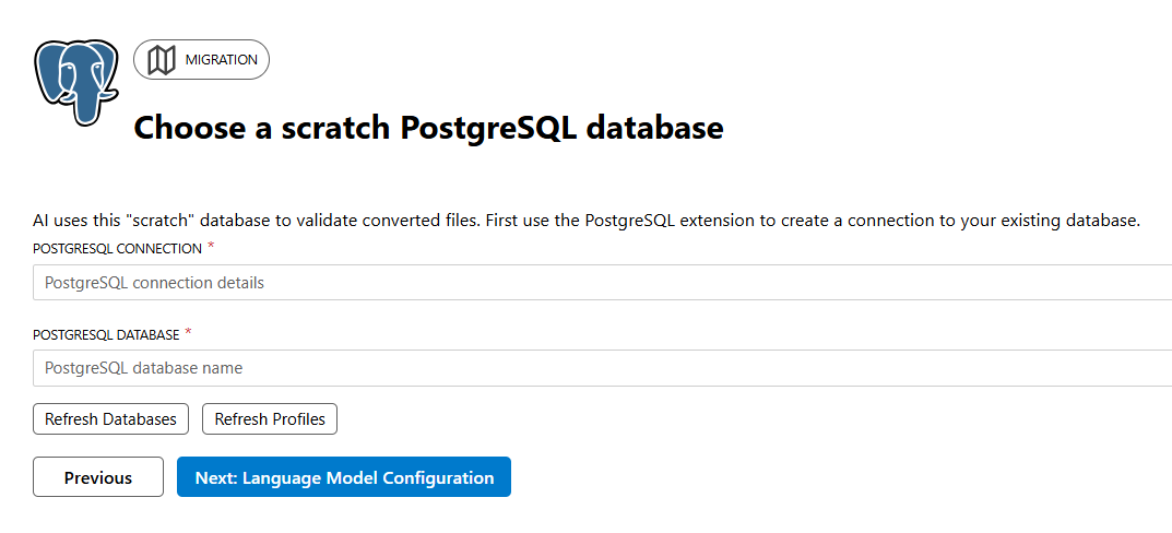 Skärmbild av hur du konfigurerar en scratch-databas.