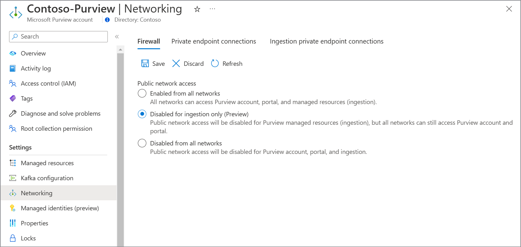 Screenshot showing the purview account firewall page, selecting ingestion only in the Azure portal.