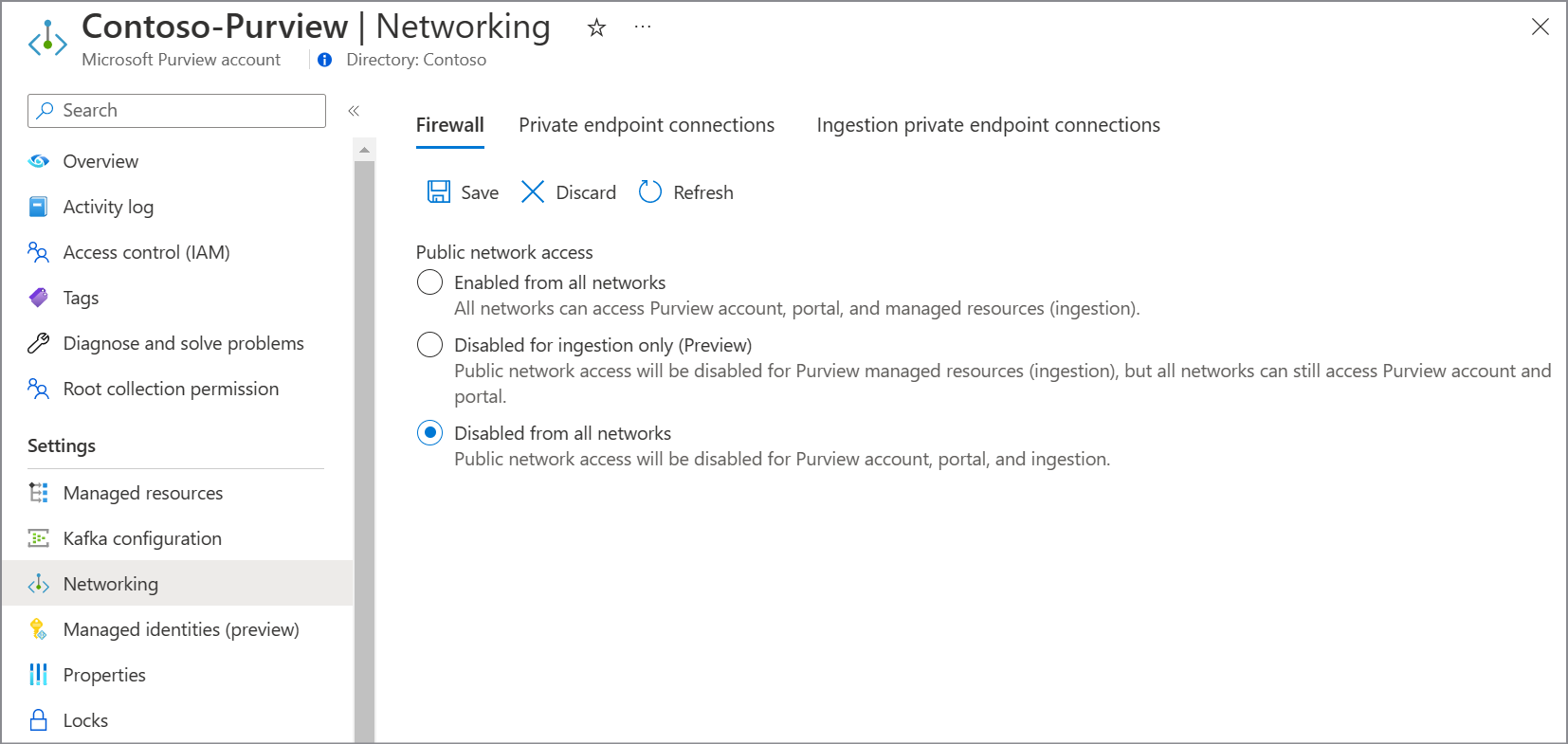Screenshot showing the purview account firewall page, selecting private network in the Azure portal.