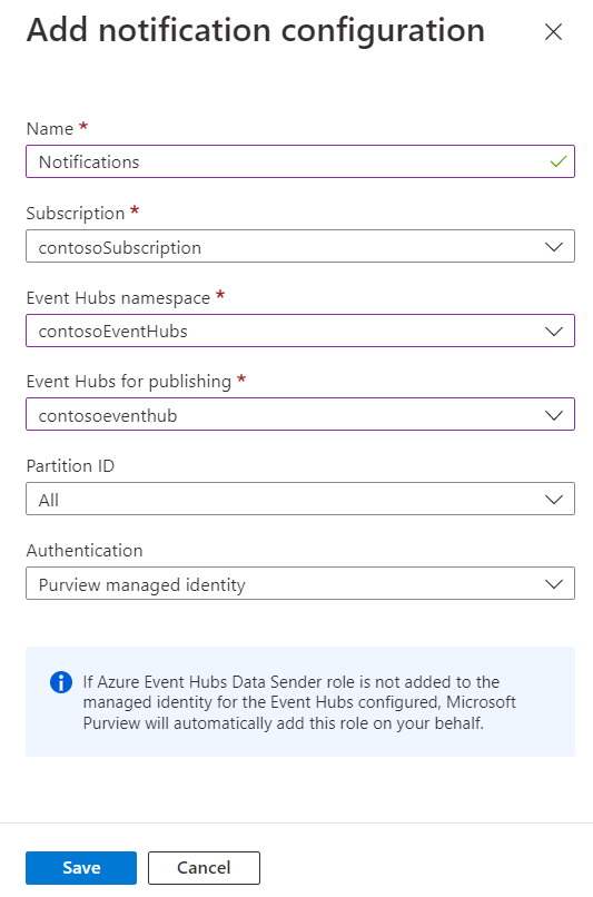 Screenshot showing the notification hub configuration page, with all values filled in.