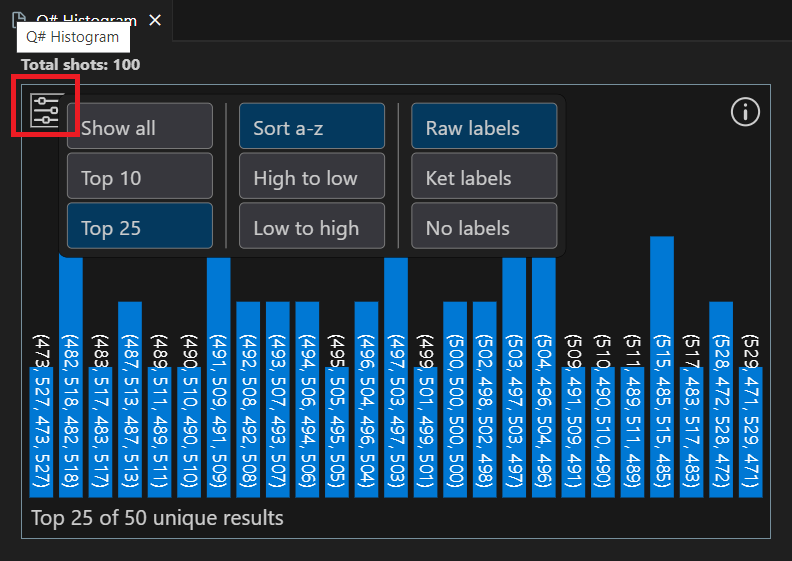 Skärmbild av visningsinställningarna för Q# histogramfönstret i Visual Studio Code.