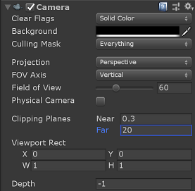 Skärmbild av Unity-inspektören för en Kamera komponent.