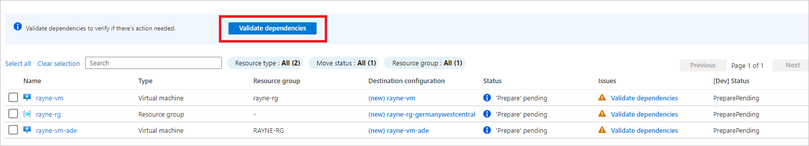Skärmbild som visar knappen Verifiera beroenden.