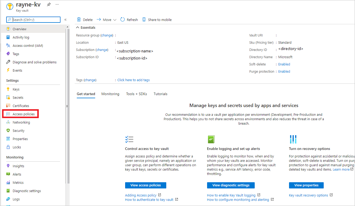 Skärmbild av länken Åtkomstprinciper i fönstret Inställningar för nyckelvalv.
