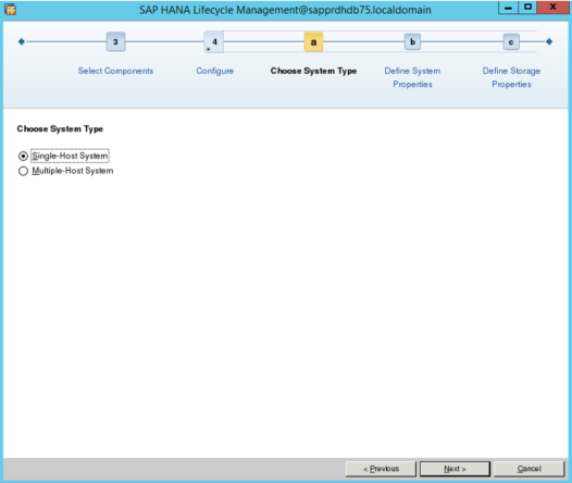 Skärmbild av skärmen För livscykelhantering i SAP HANA med Single Host System valt.