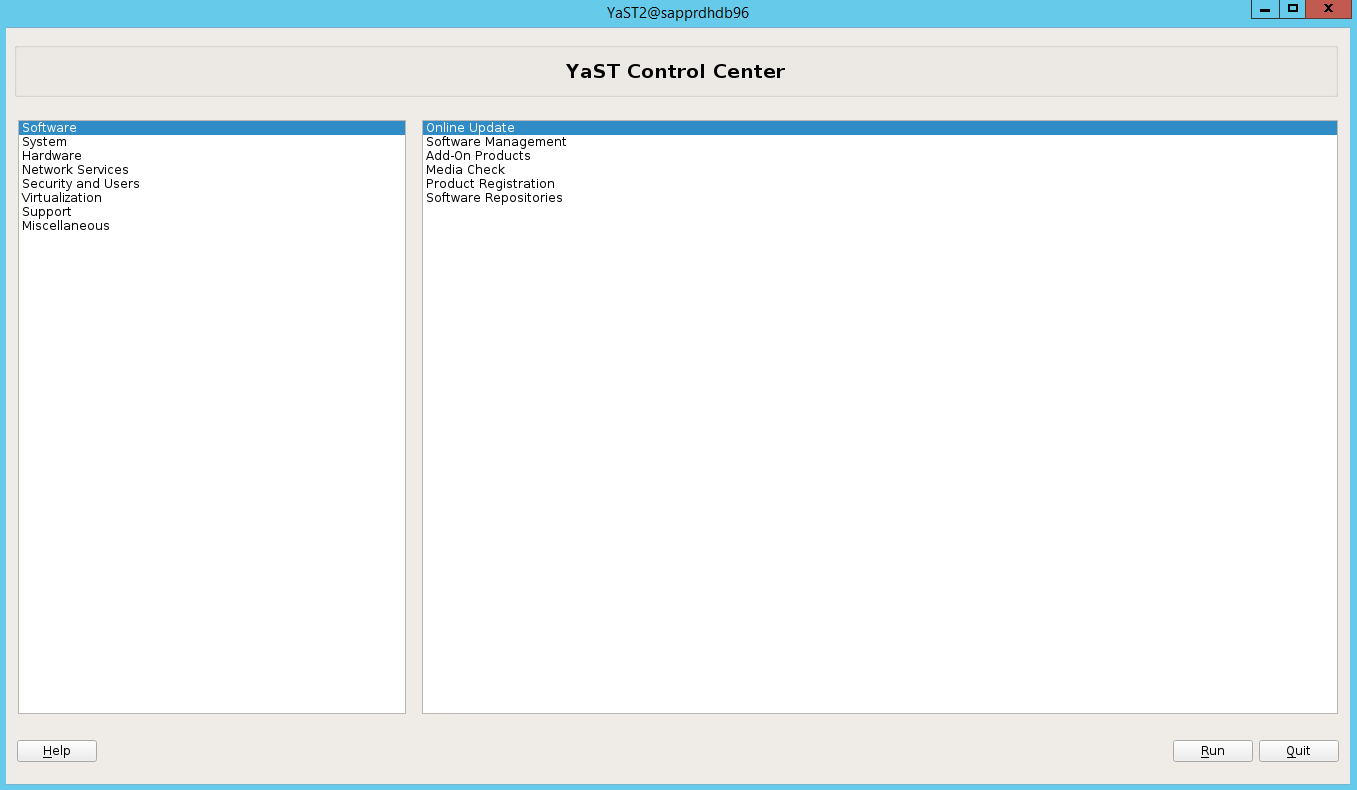 Skärmbild som visar YaST Control Center med Programvara och Onlineuppdatering valt.