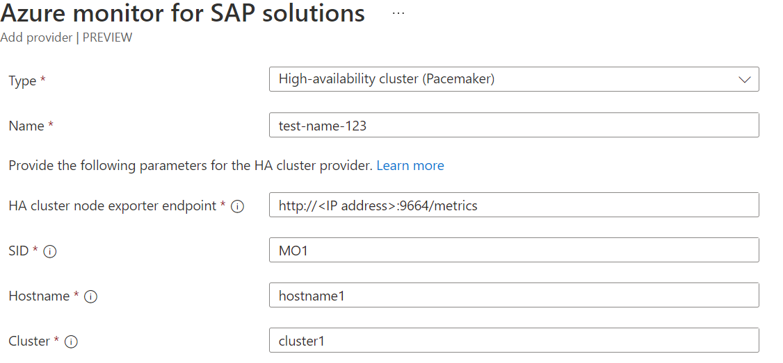 Diagram som visar konfigurationen för en Azure Monitor för SAP-lösningsresurs som visar fälten för SUSE-baserade kluster.