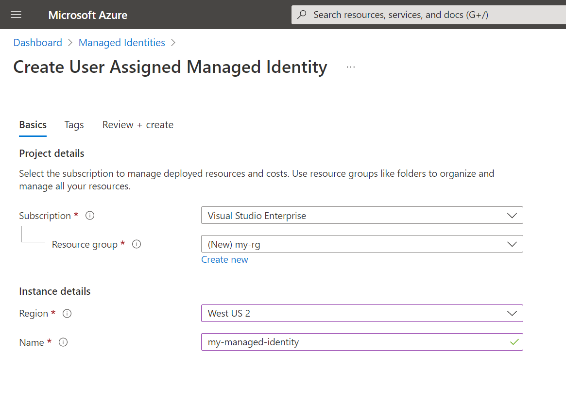 Screenshot of the Create Managed Identity wizard.