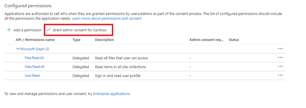 Skärmbild som visar hur Microsoft Entra-appen beviljar administratörsmedgivande.
