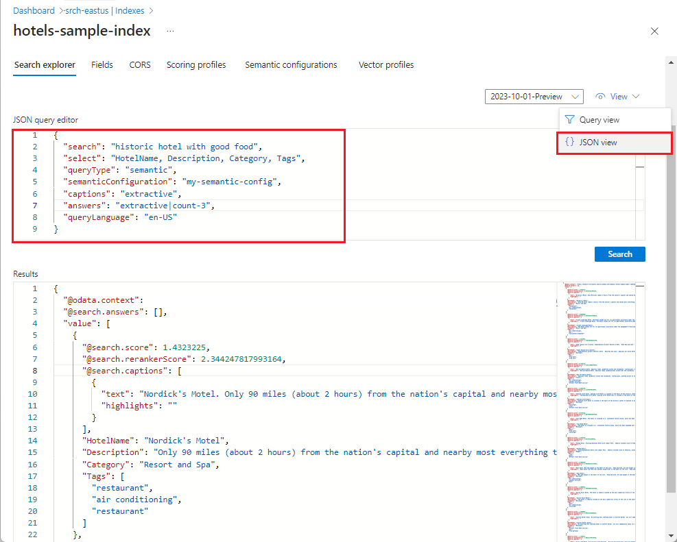 Skärmbild som visar JSON-frågesyntax i Azure-portalen.