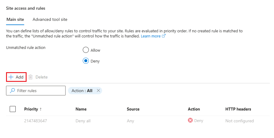 Skärmbild som visar hur du lägger till en filterregel i din princip för åtkomstbegränsning.