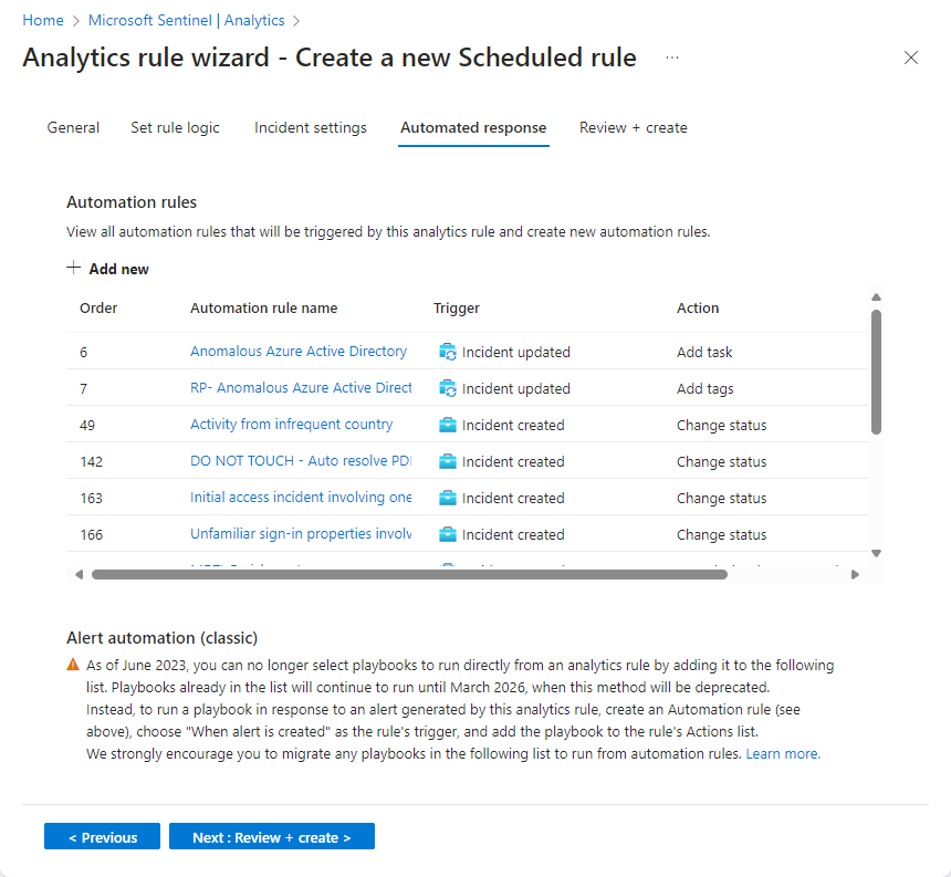 Skärmbild av skärmen för automatiserade svar i guiden analysregel i Azure-portalen.