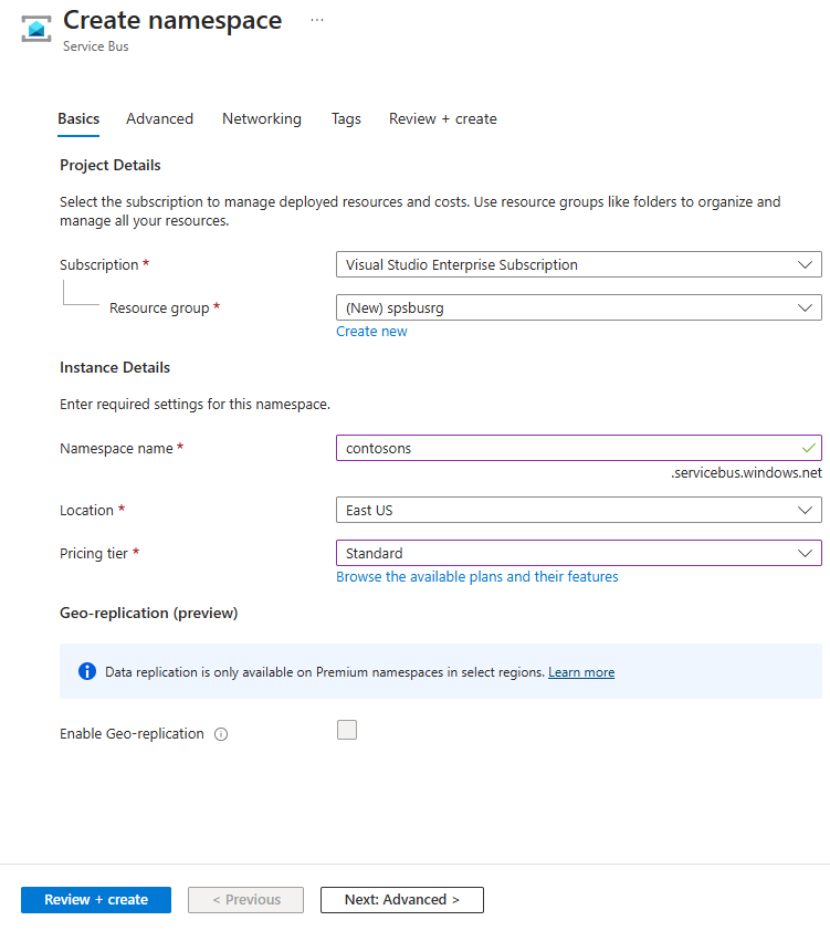 Image showing the Create a namespace page