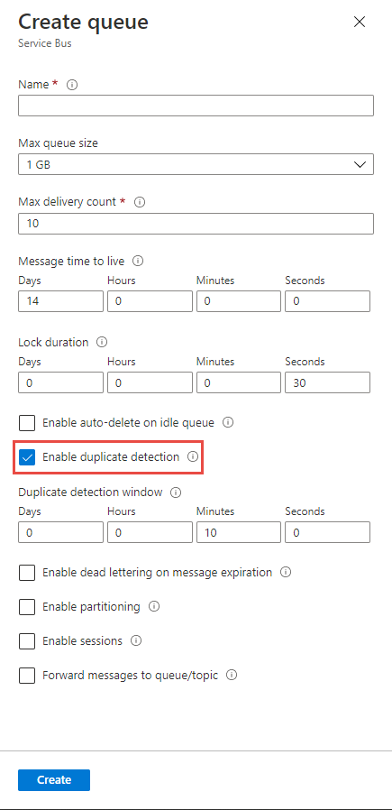 Enable duplicate detection at the time of the queue creation